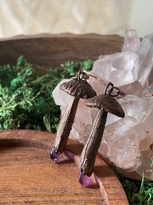 Electroformed Copper Mushroom Purple Quartz Stem Earrings