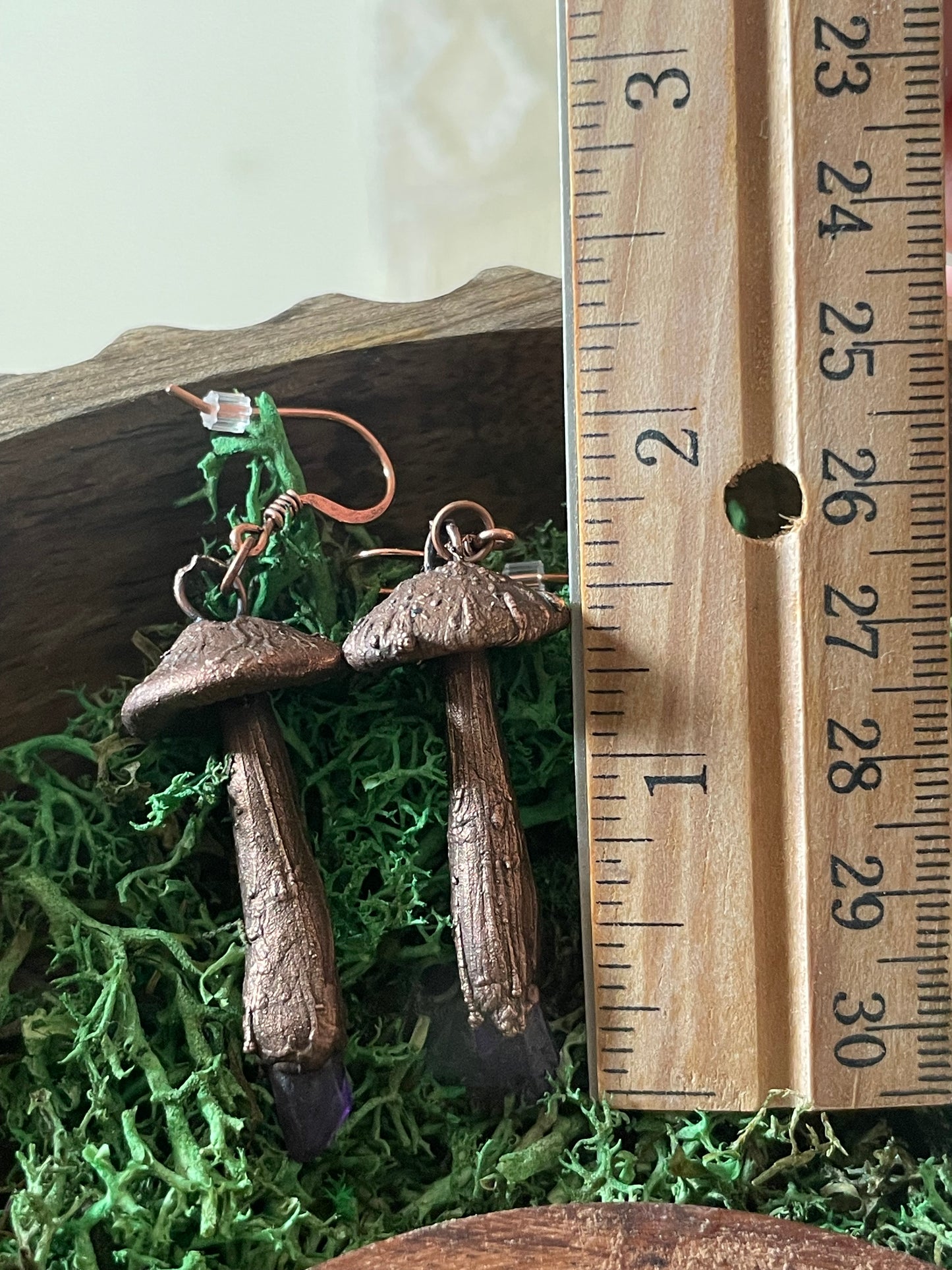 Electroformed Copper Mushroom Purple Quartz Stem Earrings
