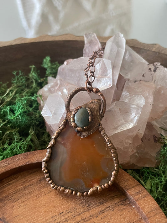 Electroformed Copper Agate Slice Stone Necklace