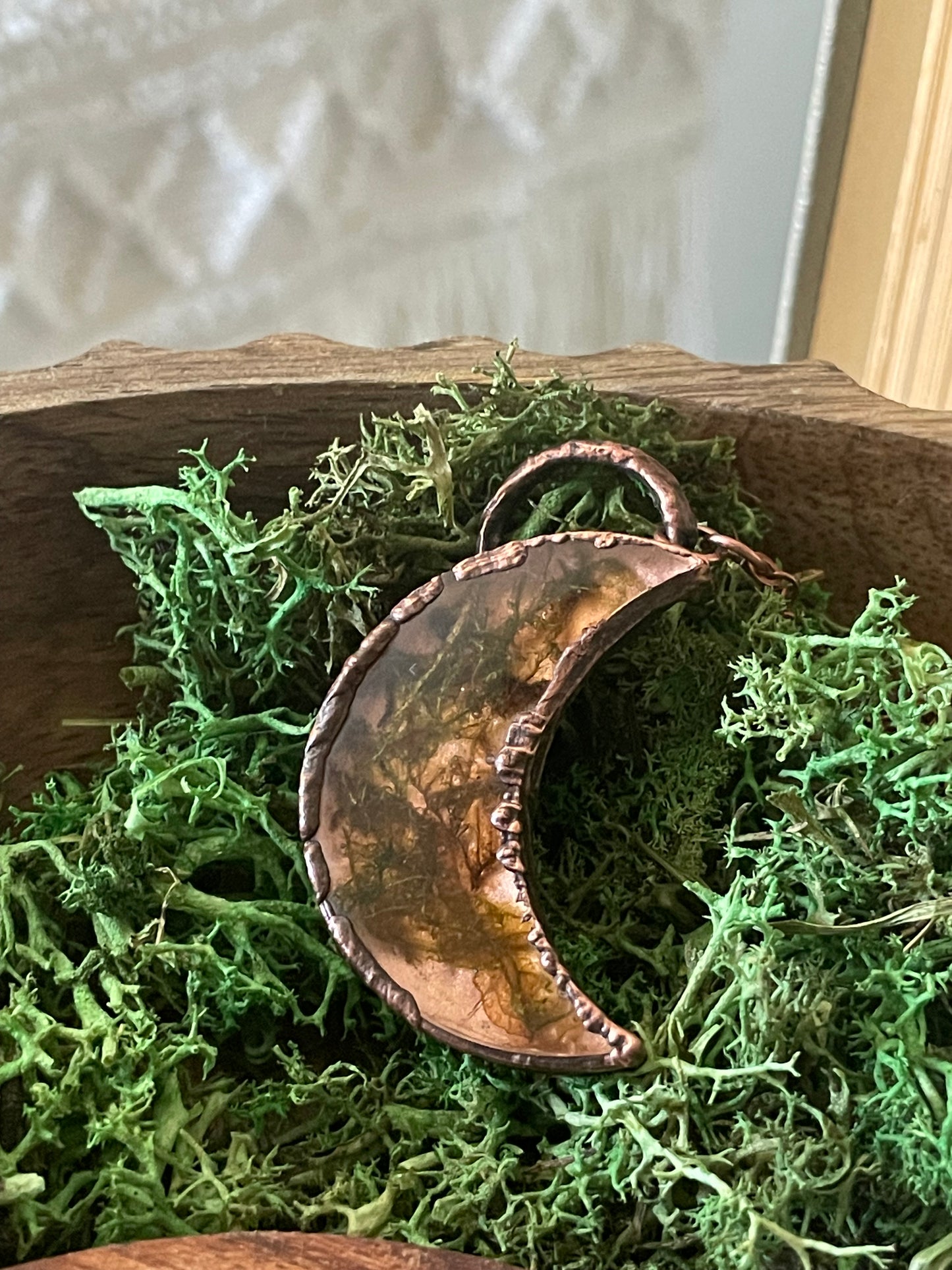 Electroformed Copper Moon Moss Necklace