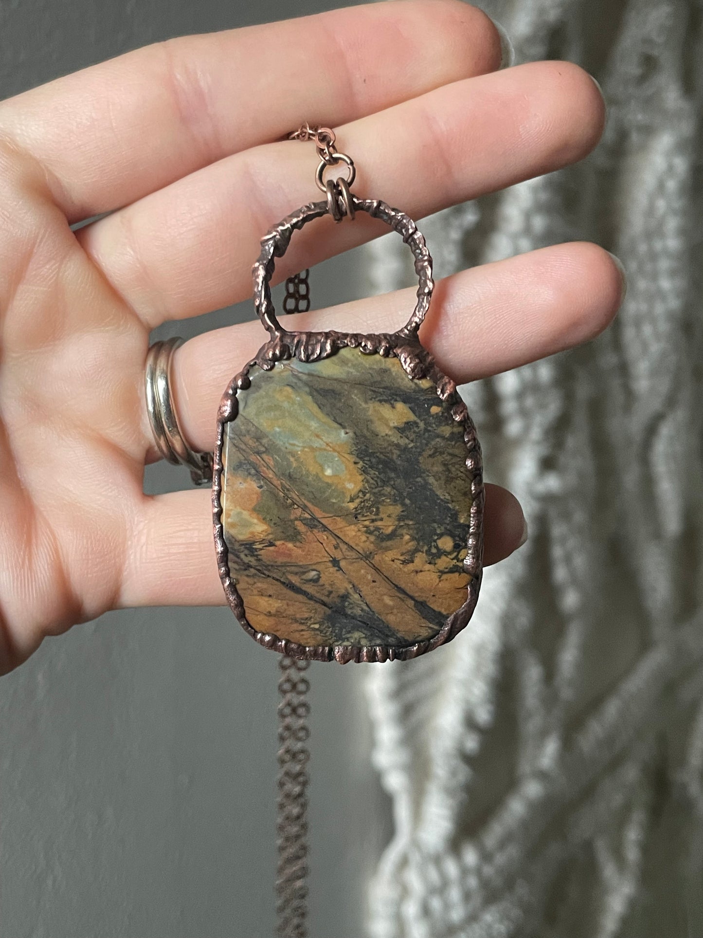 Electroformed Copper Network Jasper Stone Necklace
